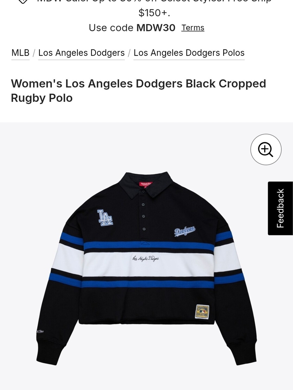 Los Angeles Dodgers Black Cropped Rugby Polo with Blue & White Stripes